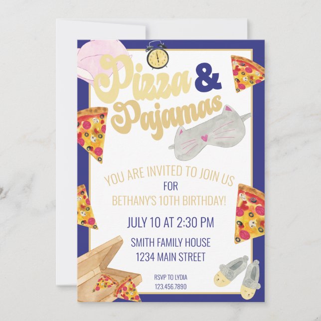 Pizza und Pajamas Slumber Party Sleepover Geburtst Einladung (Vorderseite)