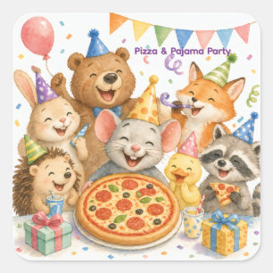 Pizza- und Pyjama-Party Süße Tiere Quadratischer Aufkleber