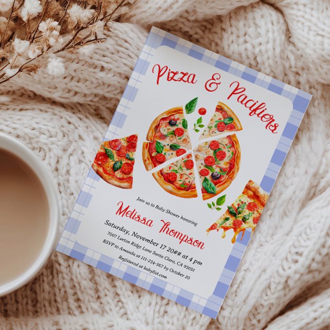Pizza und Schnuller Blue Kariert Baby Dusche Party Einladung (Von Creator hochgeladen)