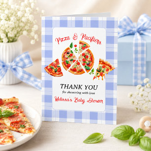 Pizza und Schnuller Junge Blau Gingham-Baby-Party Dankeskarte