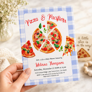 Pizza und Schnuller Junge Blau Gingham Babyparty Einladung