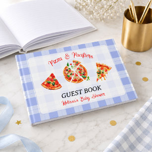 Pizza und Schnuller Junge Blau Gingham Babyparty Gästebuch