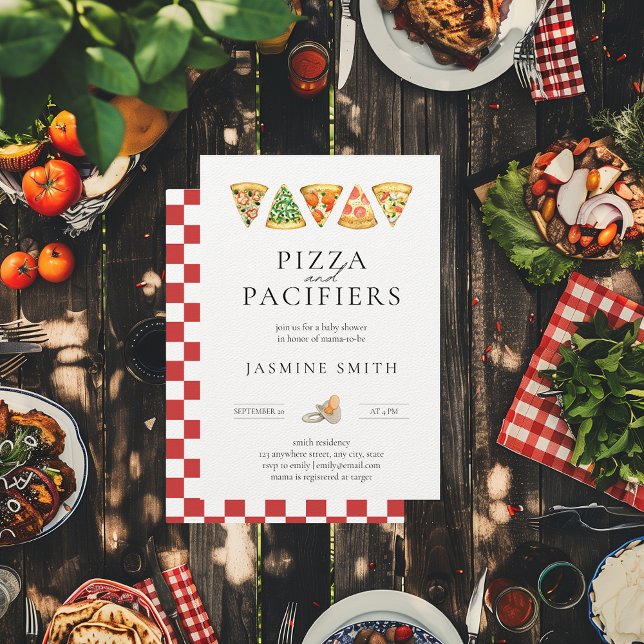 Pizza und Schnuller Kinderdusche Einladung (Pizza and Pacifiers Casual Baby Shower Invitation)