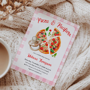 Pizza und Schnuller Party Pink Kariert Babydusche Einladung