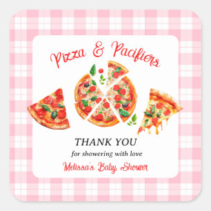 Pizza und Schnuller Pink Gingham Baby Shower Party Quadratischer Aufkleber