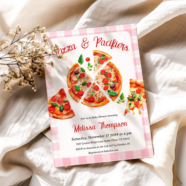 Pizza und Schnuller Pink Kariert Baby Dusche Party Einladung (Von Creator hochgeladen)