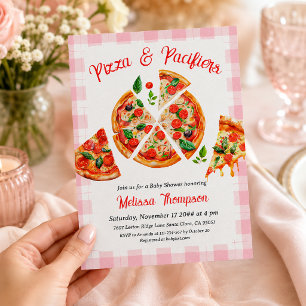 Pizza und Schnuller Rosa Gingham-Baby-Party Einladung