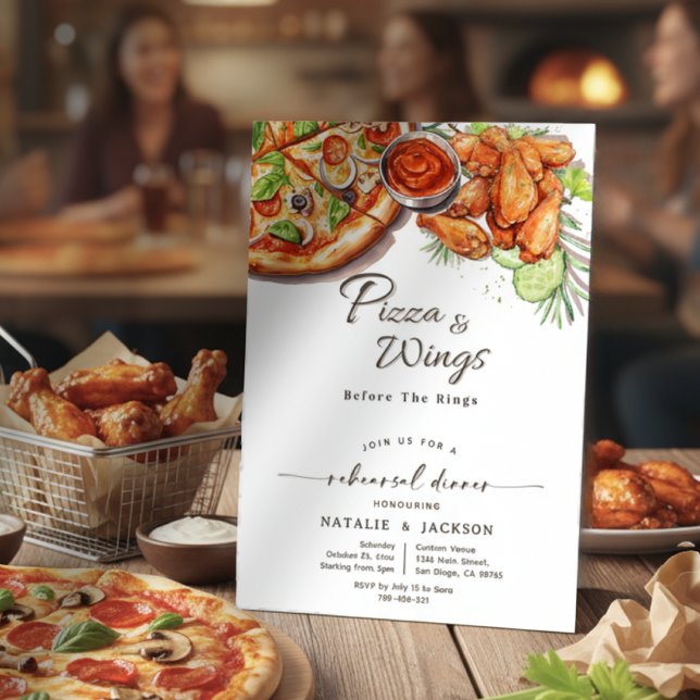 Pizza & Wings vor dem Rings Probe Dinner Einladung (Pizza & Wings Before The Rings Rehearsal Dinner Invitation)