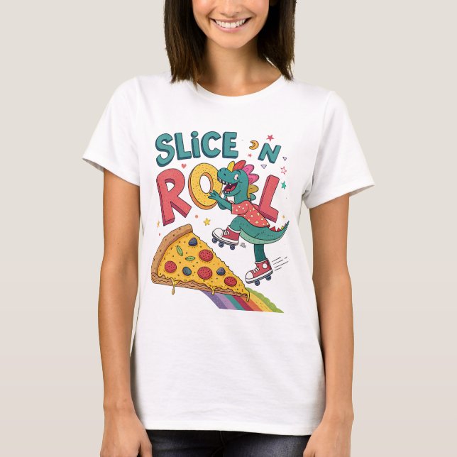Pizzaliebin Dinosaurier essen T-Shirt (Vorderseite)