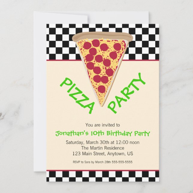 Pizzas-Party mit Schwarzweiß-Karton Einladung (Vorderseite)
