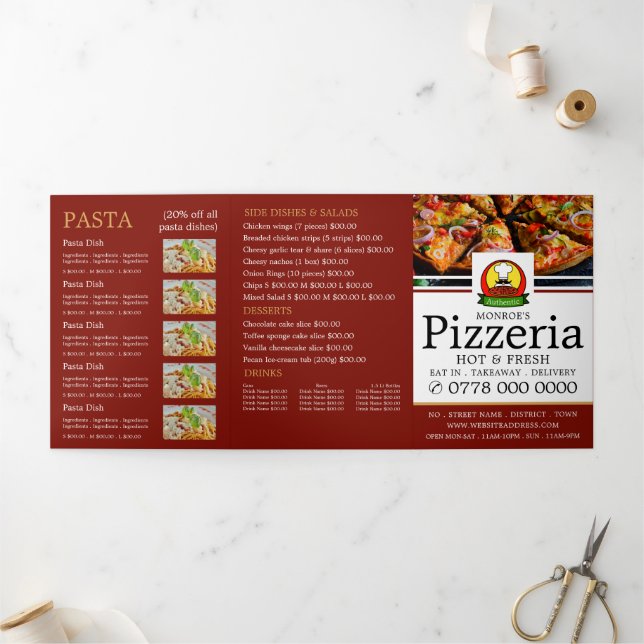 Pizzeria, Pizzeria Menu Tri-Fold Flyer Dreifach Gefaltete Einladung (Außenbereich)