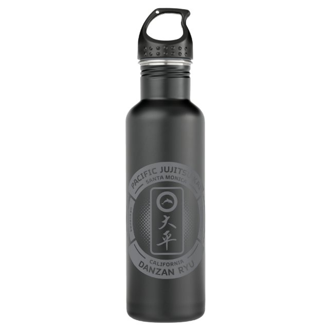 PJK Wasserflasche / graues Logo auf schwarz Edelstahlflasche (Vorderseite)