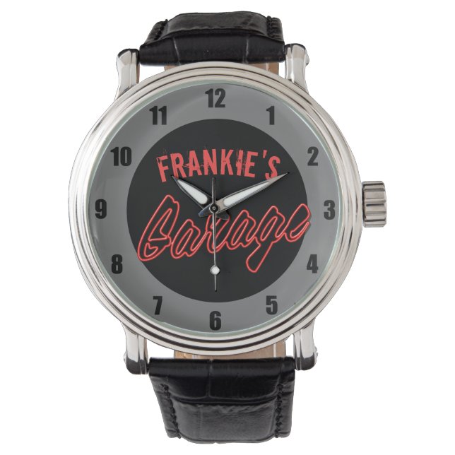 Pkw-Garage im Neon Style Frisierte Auto anpassen Armbanduhr (Vorderseite)