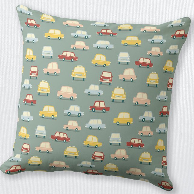 Pkw-Muster Sage Green Throw Kissen (Fun retro car pattern throw pillow)