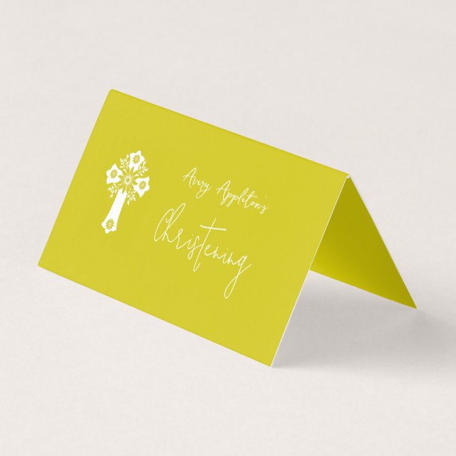 Place Card Floral Cross Christening Yellow (Rückseite)