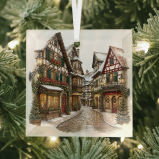 Place de village de Noël enneigé Ornement en verre