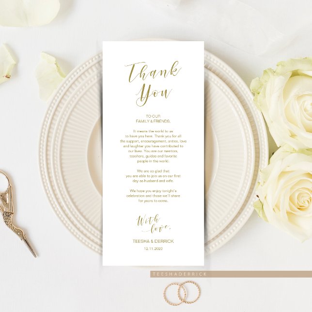 Place Setting Merci, carte de script moderne Gold (Wedding Dinner or Elopement Brunch Place Setting Thank You Card, In Modern Romantic Gold Themed.)