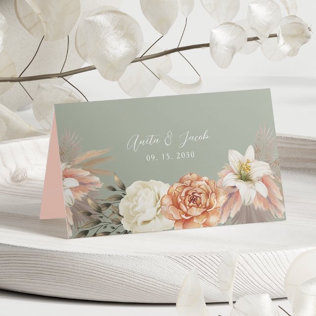 Placement Carte de Mariage à fleurs Sage Green Peach (Créateur téléchargé)