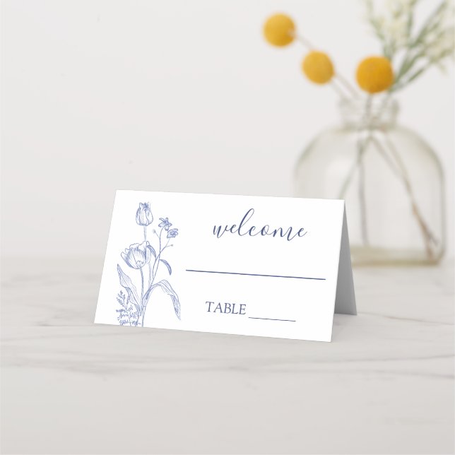 Placement Carte de mariage floral bleu (Devant)