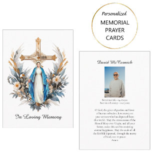 Placement Carte de prière funéraire Fleurs Croix Vierge Mari