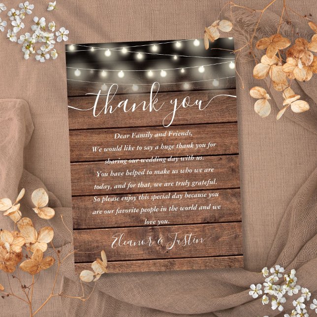 Placement Carte de remerciement de mariage avec guirlandes r (Rustic String Lights Wedding Thank You Place Card)