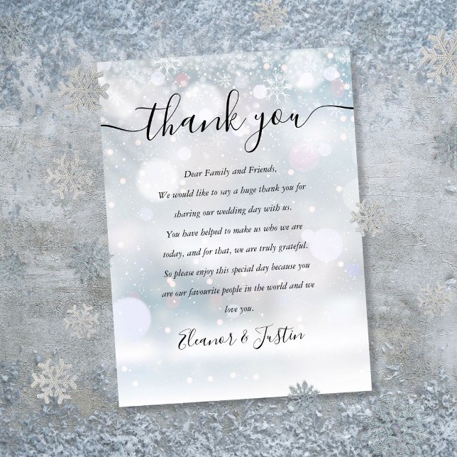 Placement Carte de remerciement de mariage avec script de fl (Winter Snowflakes Script Wedding Thank You Place Card)