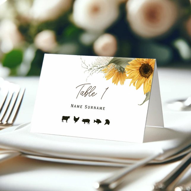 Placement Tournesol rustique, Carte Place avec options de re (Sunflower tented place cards with meal options.)