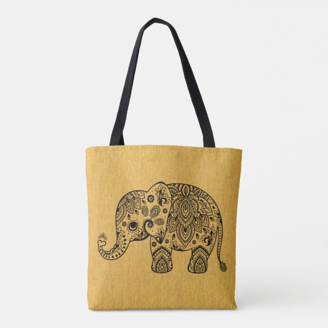 Plack Paisley Elephant auf Gold Textur Tasche (Rückseite)
