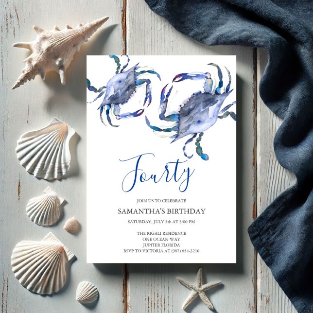 Plage 40e anniversaire Invitations Crab Boil (40th birthday invitations watercolor blue crab art by Victoria Grigaliunas of Do Tell A Belle)