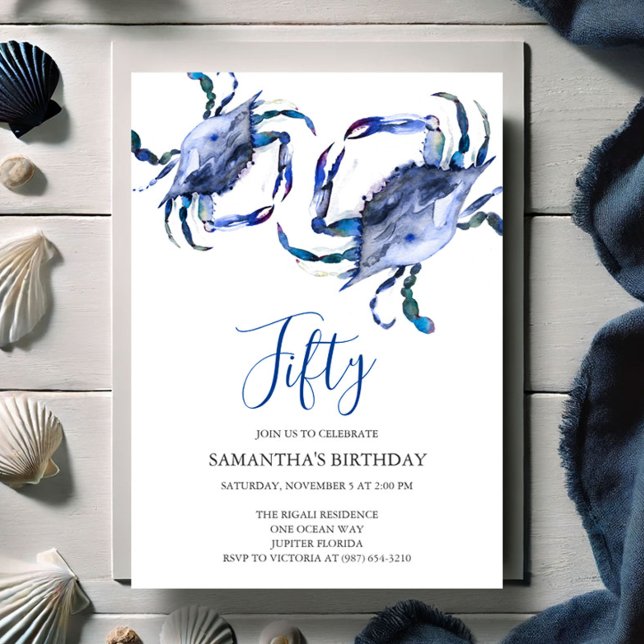 Plage 50e anniversaire Invitations Crab Boil (50th Birthday invitations blue watercolor crab art by Victoria Grigaliunas of Do Tell A Belle)