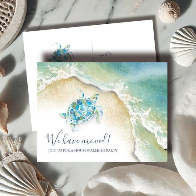 Plage Accueil Fête Invitations Tortue de mer (housewarming invitations beach watercolor sea turtle art by Victoria Grigaliunas of Do Tell A Belle)
