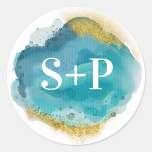 Plage aqua et or Autocollants de mariage initial