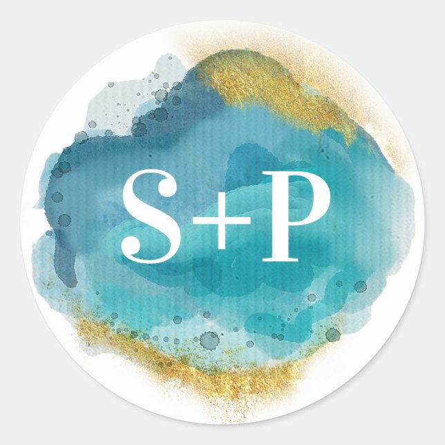 Plage aqua et or Autocollants de mariage initial (Devant)
