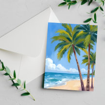 Plage aux palmiers | Carte bleue aquarelle tropica