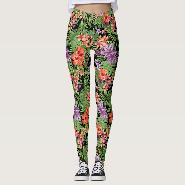 Plage Babe Leggings tropicaux avec fond noir (Devant)