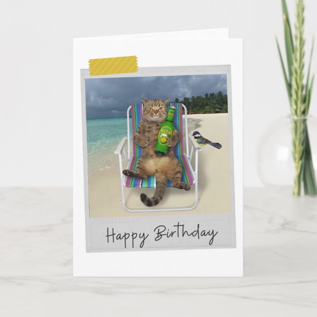 Plage Beer Cat Funny Carte d'anniversaire (Devant)