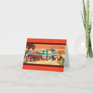 Plage Camper + Classic Car Sunset Note Cartes