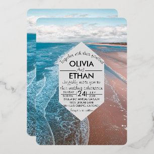 plage côtière bleu marine Mariage Foil Invitation