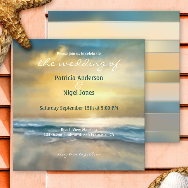 Plage de la côte peinte artistique Invitation de m (Artistic wedding invitation featuring an original fine art painting of a sunset at the beach)
