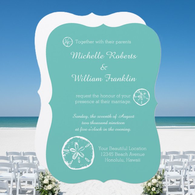 Plage de sable Turquoise dollar invitations de mar (turquoise blue beach wedding invitations with sand dollar design)