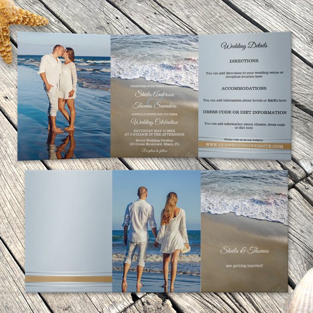 Plage Destination Mariage Tri-fold Invitation (Tri-fold beach wedding photo  invitation featuring waves flowing onto the beach)