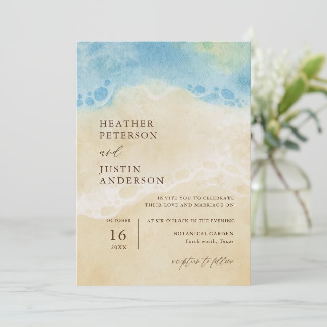 Plage d'été Faire-part de mariage côtière bleue (Debout devant)