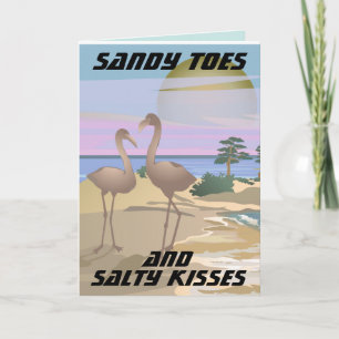 PLAGE FLAMANTS ROSES TROPICAUX ART CARTE D'ANNIVER