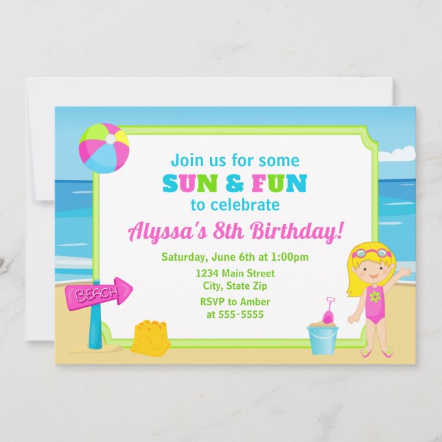 Plage Invitation Anniversaire Plage Party Fille (Devant)