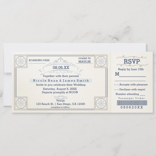 Plage Mariage Embarquement Vintage Invitations de  (Devant)