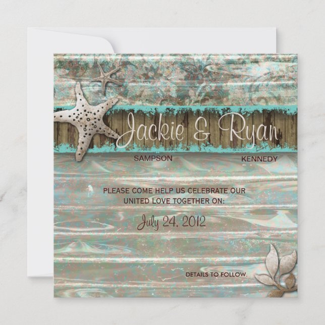 Plage Mariage Invitation Coquillage bleu Vintage (Devant)