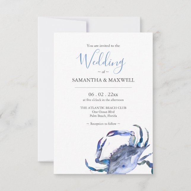 Plage Mariage Invitations Aquarelle Crabe (Devant)