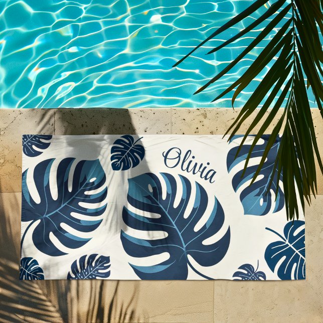Plage Moderne Feuille de Monstera Bleu & Blanc Serviette (Créateur téléchargé)