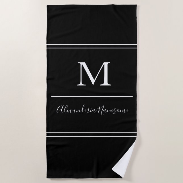 Plage Moderne Noir Monogramme Blanc Script Serviette de  (Devant)