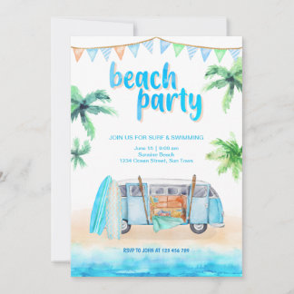 Plage Party Retro Van, Surfboard Invitation Card
